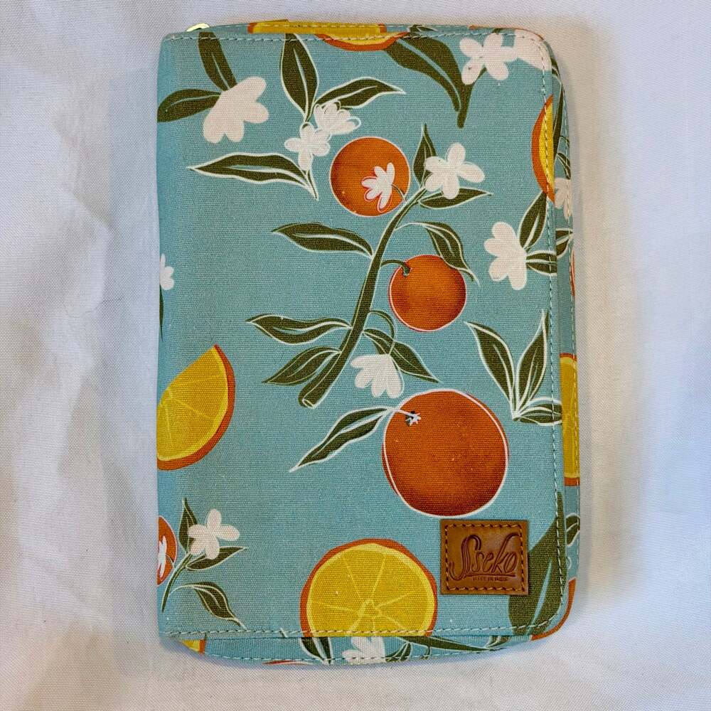 Sseko Designs Citrus Orange Print Canvas Travel Jewelry Organizer Case Clutch